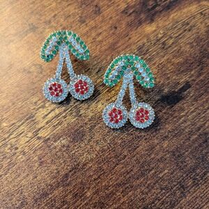 Betsey Johnson Gold Tone and Crystal Cherry Drop Stud Earrings NWOT